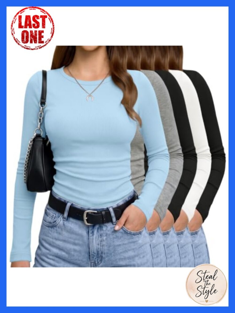 5 Pack Womens Ribbed Long Sleeve Crew Neck Slim Fit Layering Tees